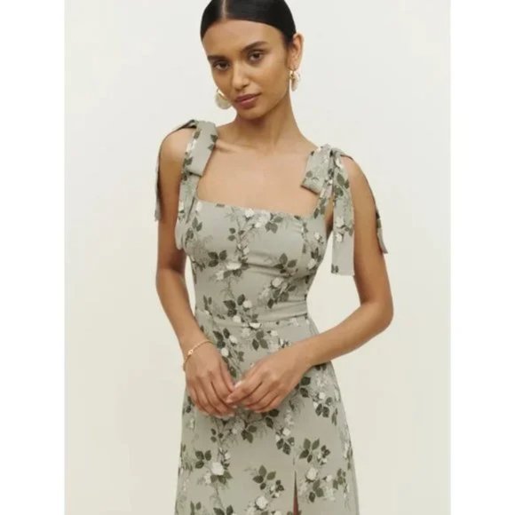 Reformation Dresses & Skirts - NWOT Reformation Twilight Dress in Verde Green White Floral Midi Tie Straps